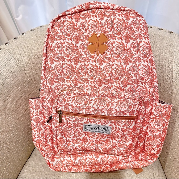 NWT Lucky Brand Backpack coral and white ornate floral print - Picture 1 of 13
